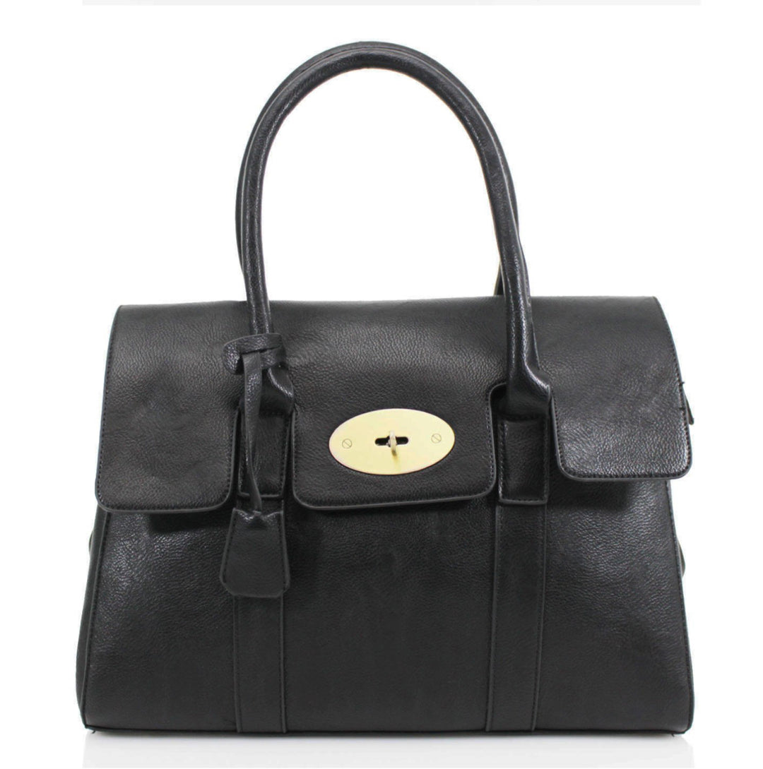 A classic black handbag with elegant gold detailing, featuring a flap with twist metal lock closure, twin shoulder straps, and golden tone metal hardware.