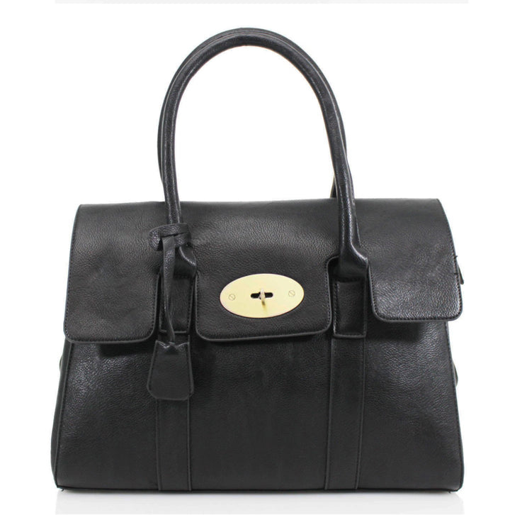 A classic black handbag with elegant gold detailing, featuring a flap with twist metal lock closure, twin shoulder straps, and golden tone metal hardware.