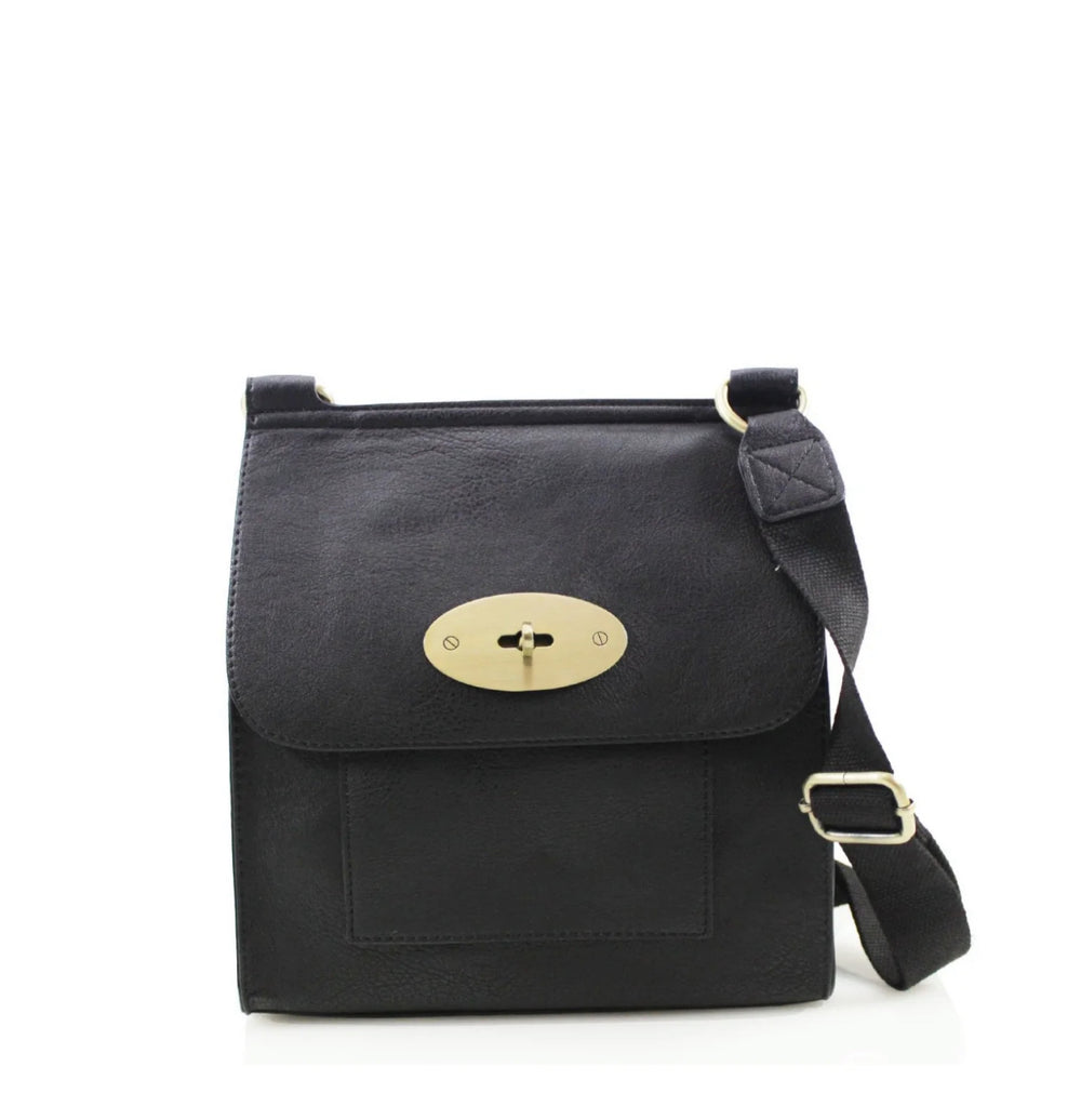 Black satchel bag with gold hard wear detailing and a long strap 