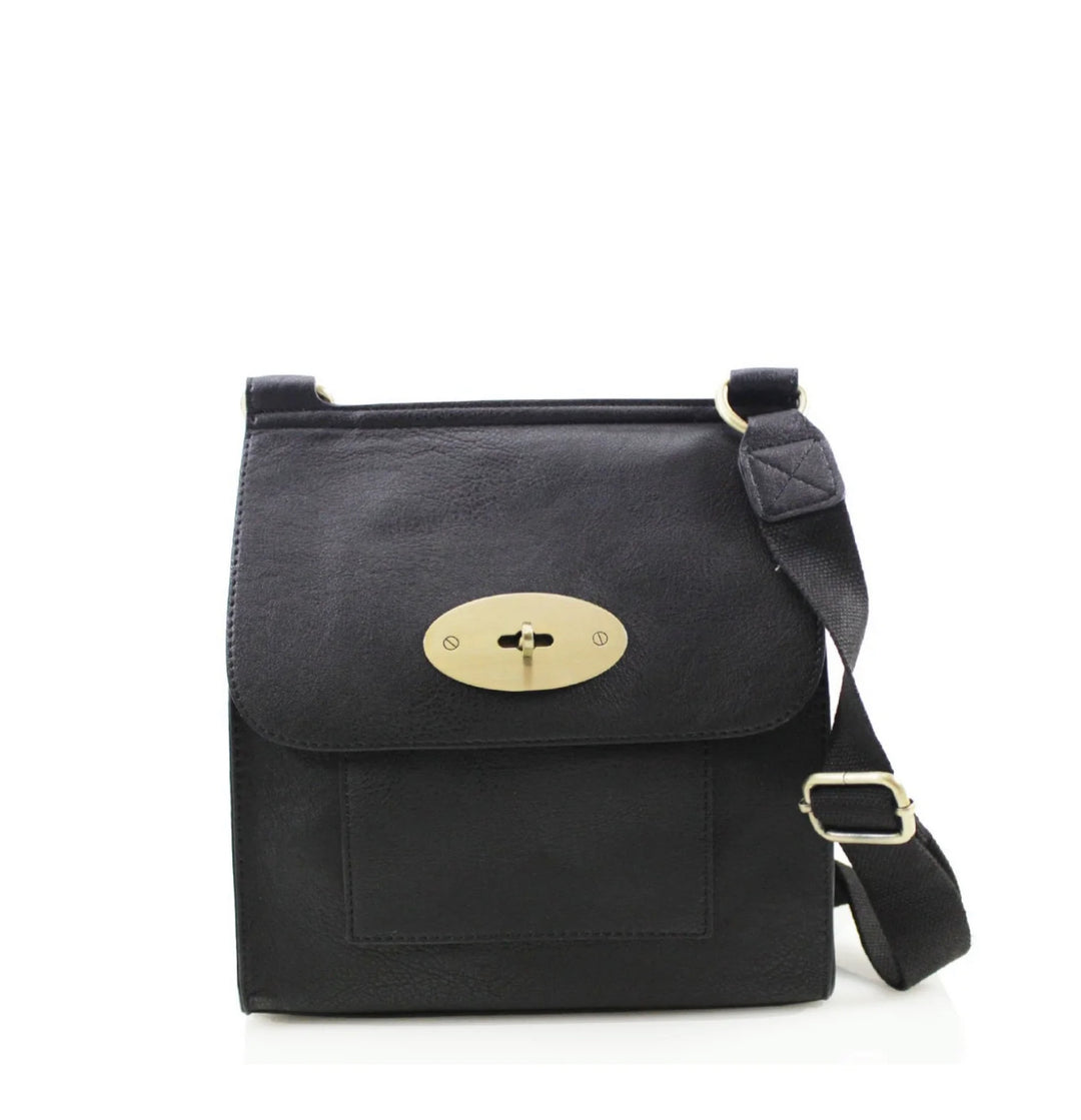 Black satchel bag with gold hard wear detailing and a long strap 