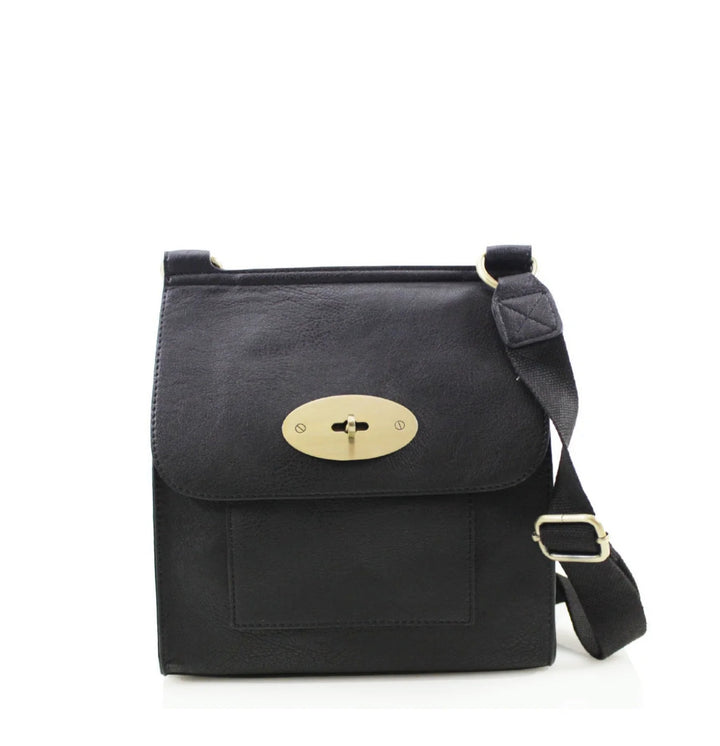 Black satchel bag with gold hard wear detailing and a long strap 