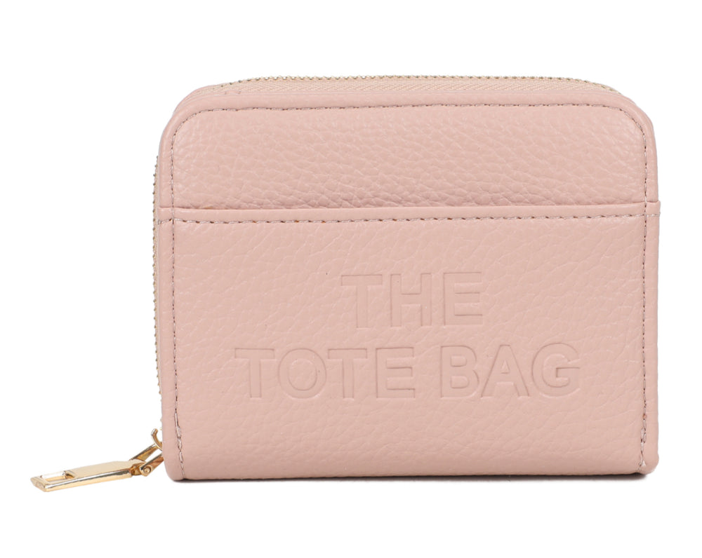 Pink wallet purse  with 'The Tote Bag' and a gold detail zip 
