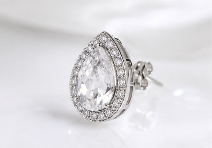Silver Crystal Teardrop Halo Stud Earrings
