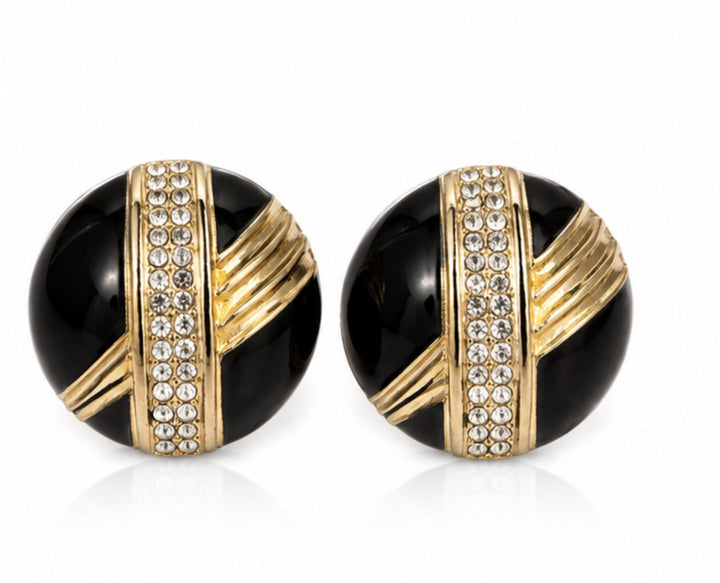 Black and gold round crystal statement clip-on earrings with gold-tone detailing