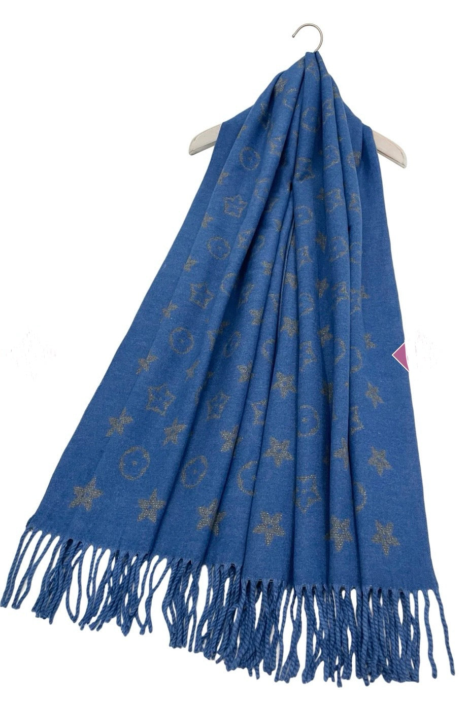 A blue scarf with sparkly metallic thread floral patterns, draped elegantly with a focus on the sparkly details.