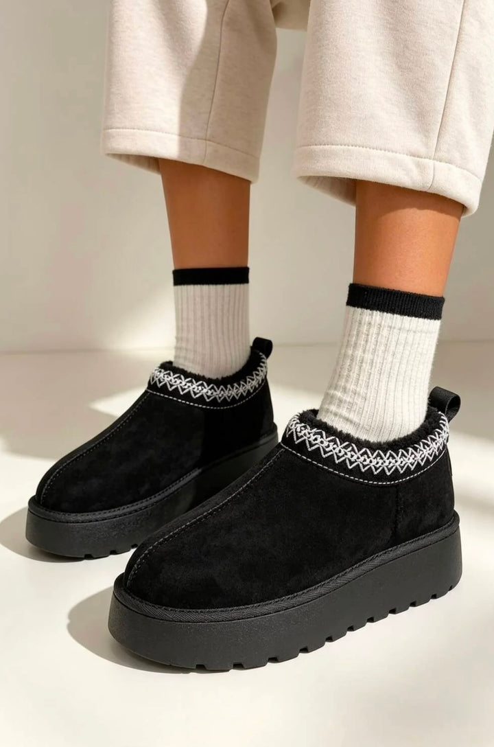 Black Aztec Faux Fur Platform Slipper Boots