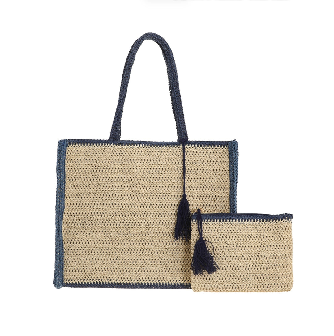 Woven Straw Beach Tote Bag with Matching Zip Pouch