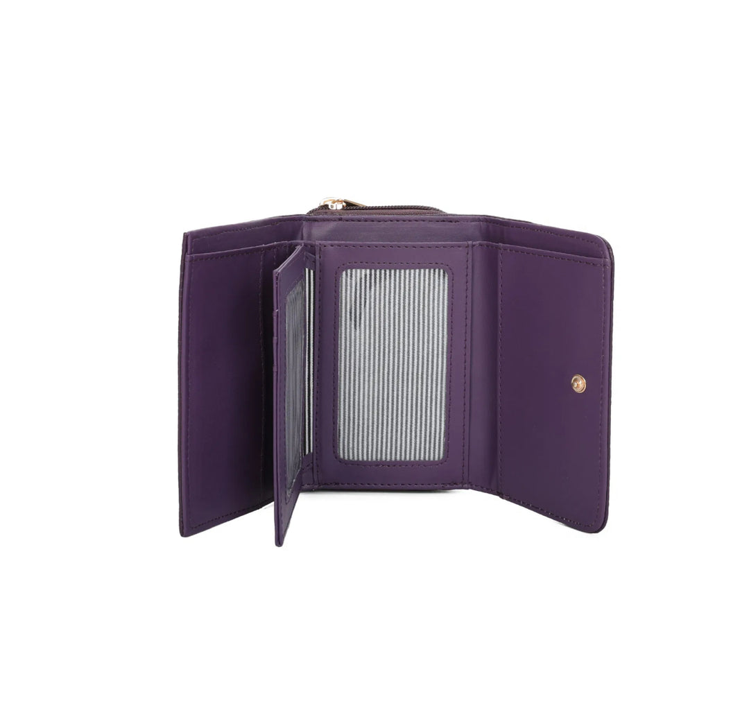 Purple faux leather purse with embossed ‘THE PURSE’ lettering and gold zip detail
