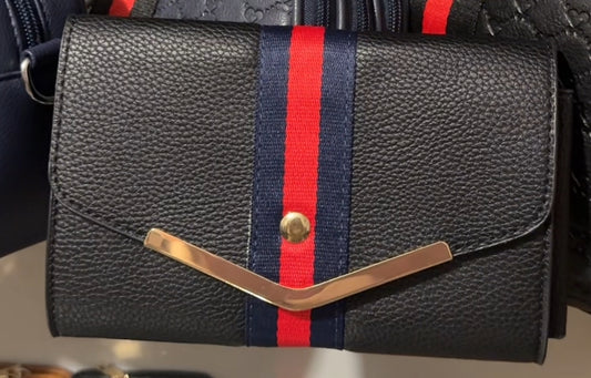 Black wallet with navy blue and red stripe detail down the middle with gold detailing 