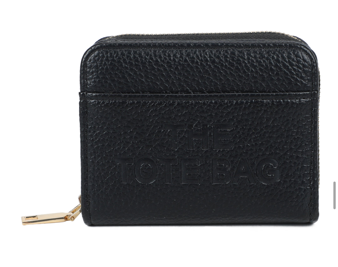 Black textured wallet with gold zipper on 