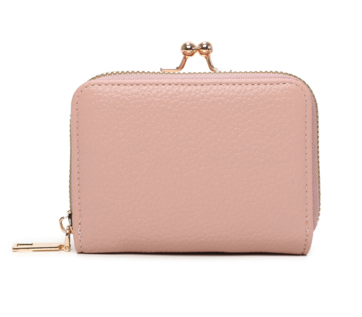 A pink clutch purse with gold detail and a zipper closure.