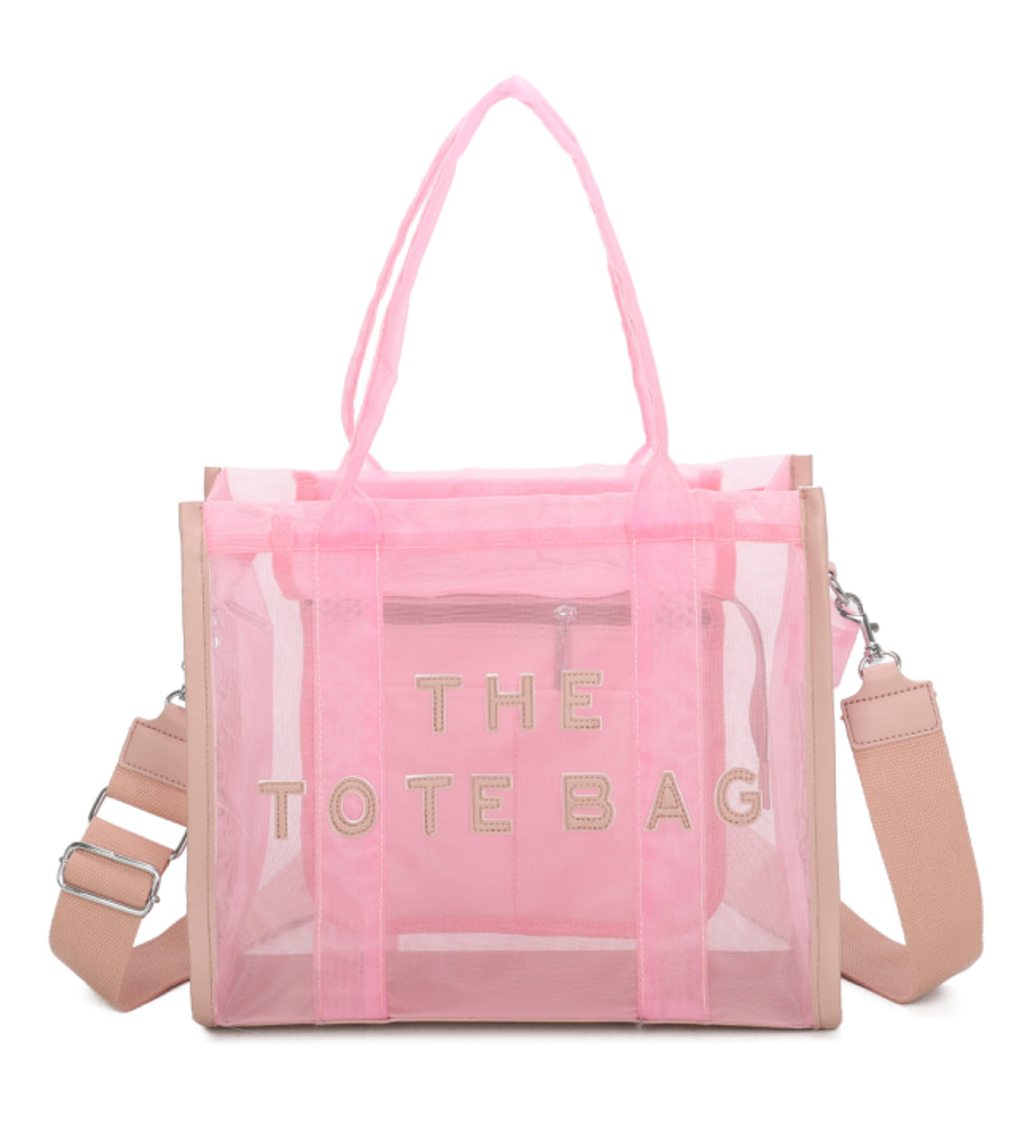 A opaque mesh tote bag with zip closure and a long Crossbody strap