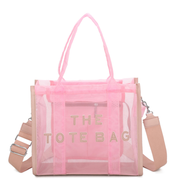 A opaque mesh tote bag with zip closure and a long Crossbody strap