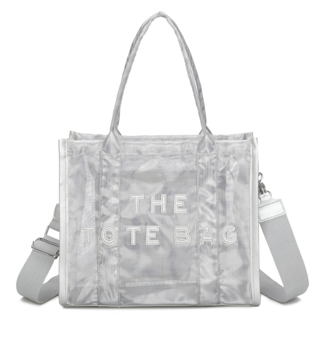 A opaque mesh tote bag with zip closure and a long Crossbody strap