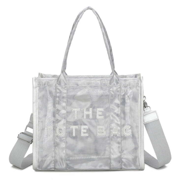A opaque mesh tote bag with zip closure and a long Crossbody strap