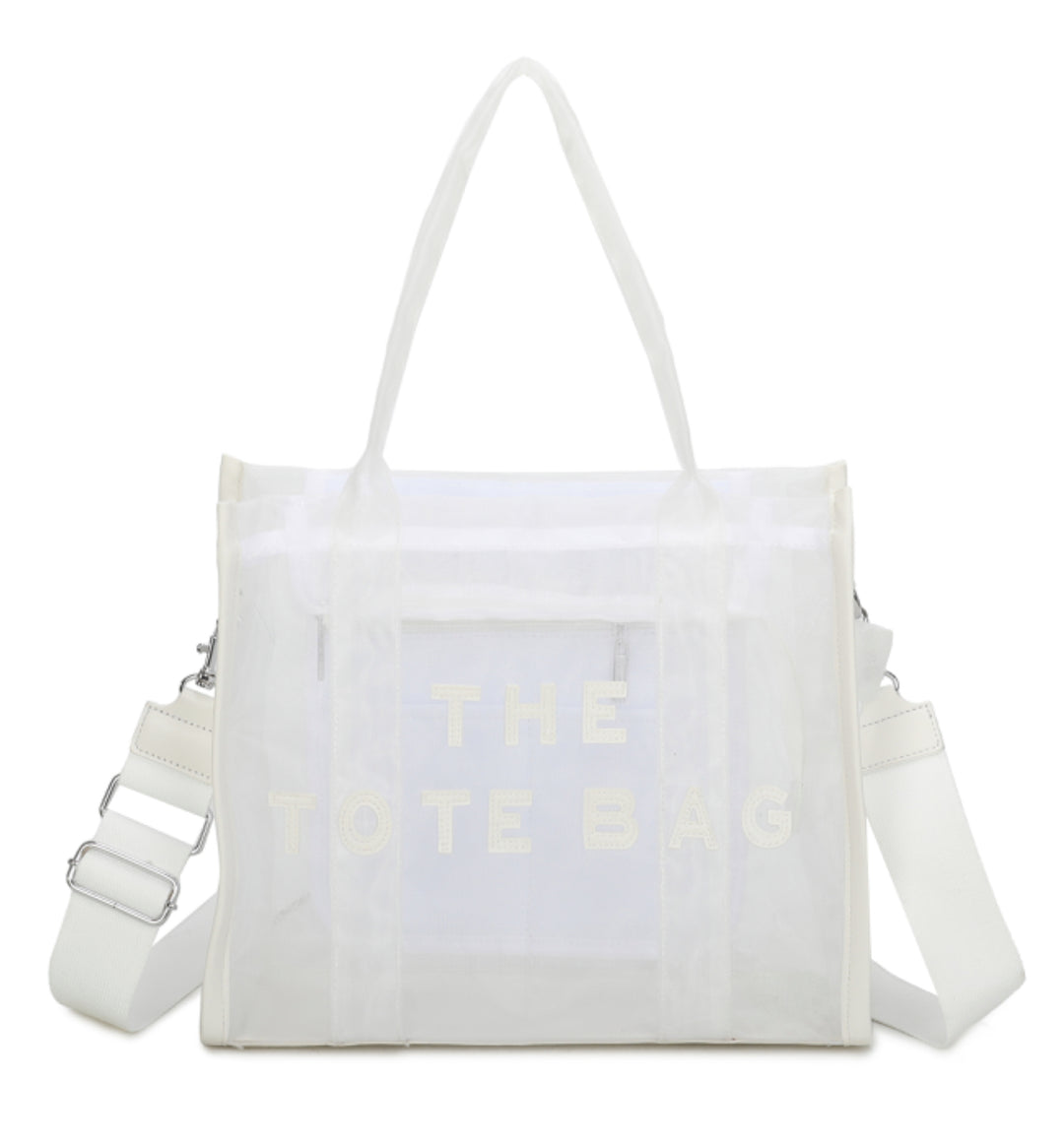 A opaque mesh tote bag with zip closure and a long Crossbody strap