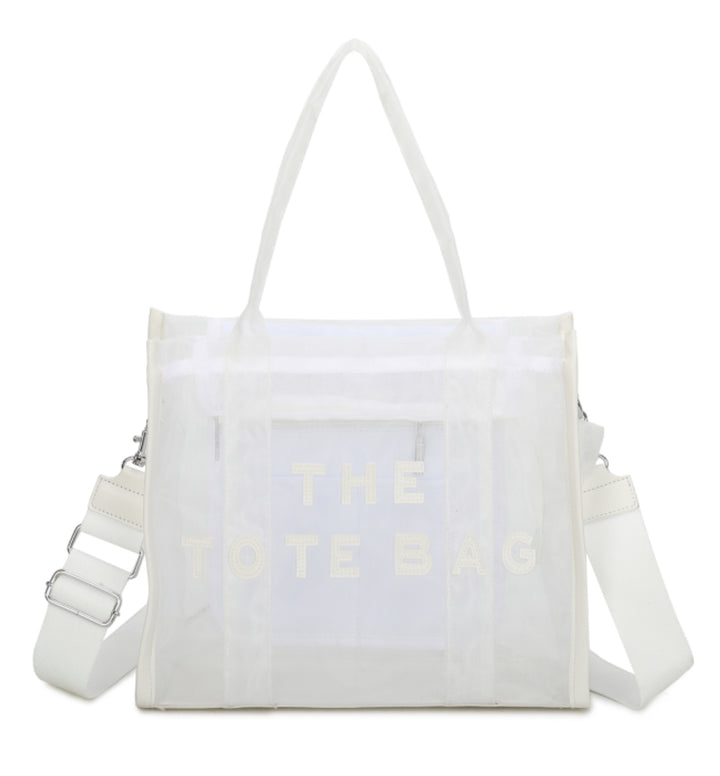 A opaque mesh tote bag with zip closure and a long Crossbody strap