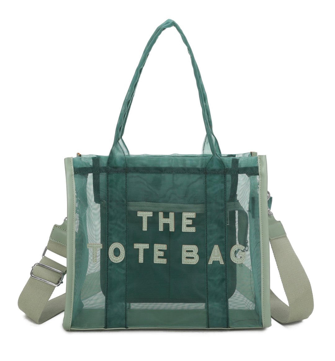 A opaque mesh tote bag with zip closure and a long Crossbody strap in Green 