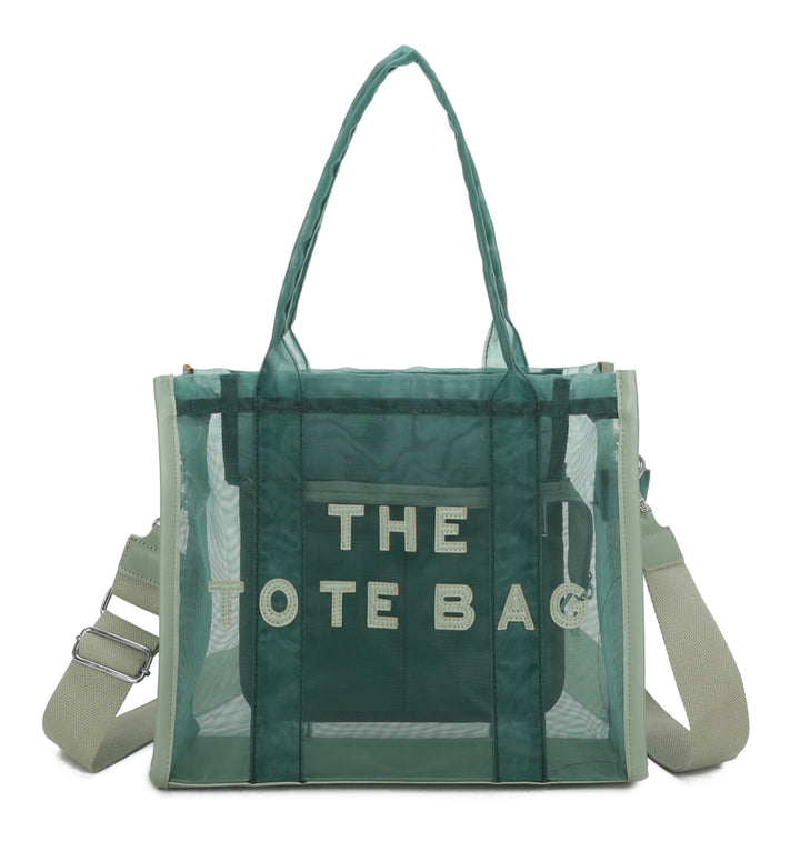 A opaque mesh tote bag with zip closure and a long Crossbody strap in Green 