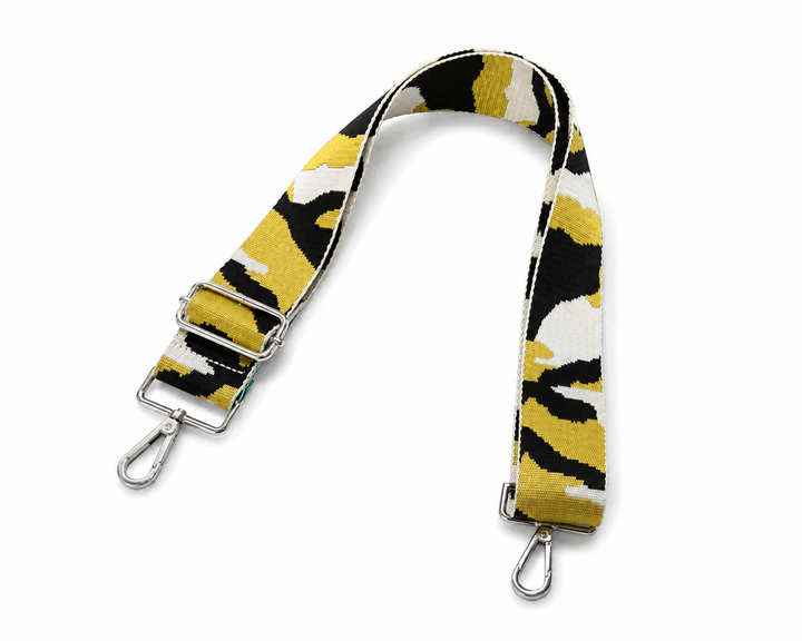 adjustable woven handbag straps featuring a yellow camouflage design with silver hardware 