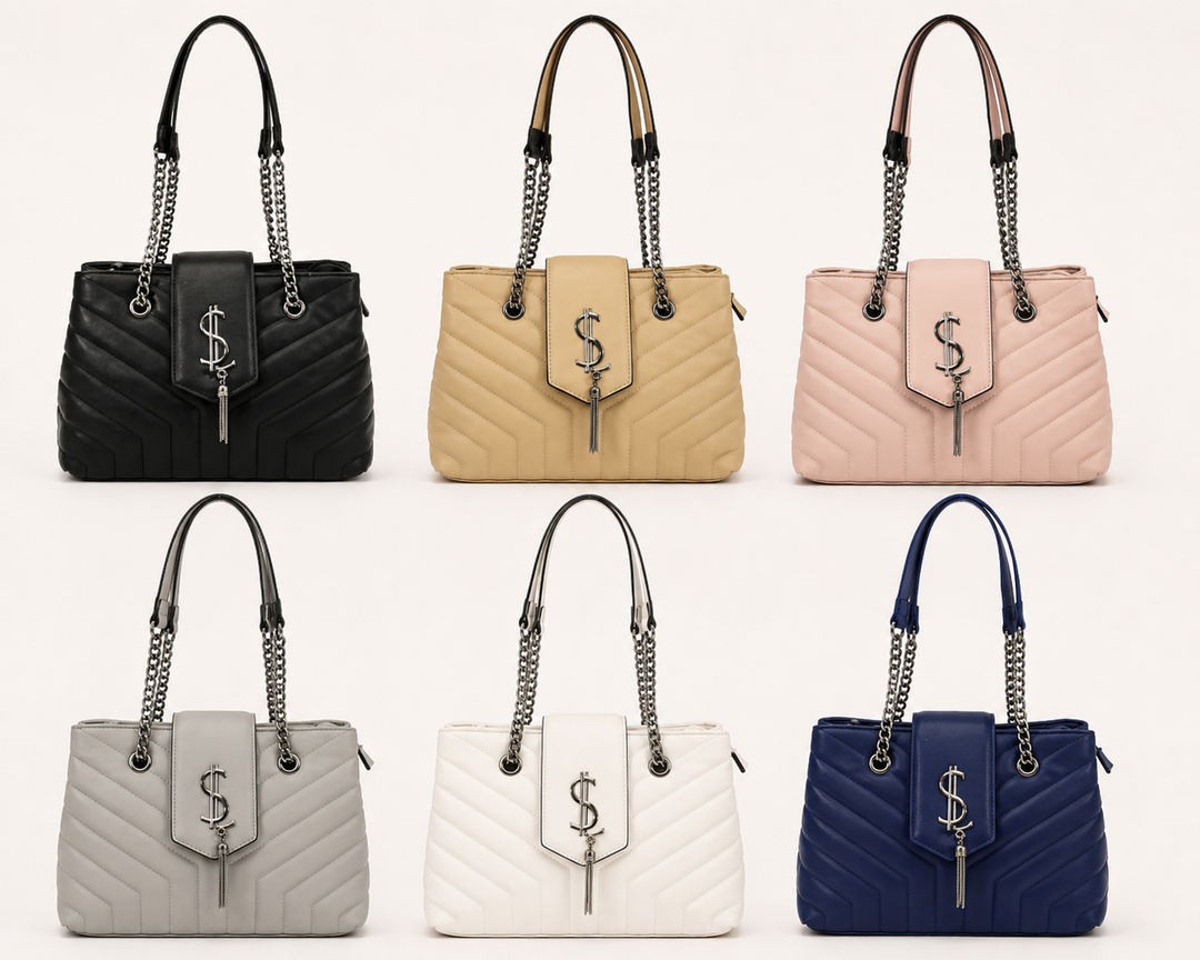 Six quilted handbags arranged in a 2x3 grid on a light gray background. The bags come in black, beige, pink, light gray, white, and navy blue, each with a chevron quilted body, top handles, chain straps, and a silver/charcoal-tone logo clasp.