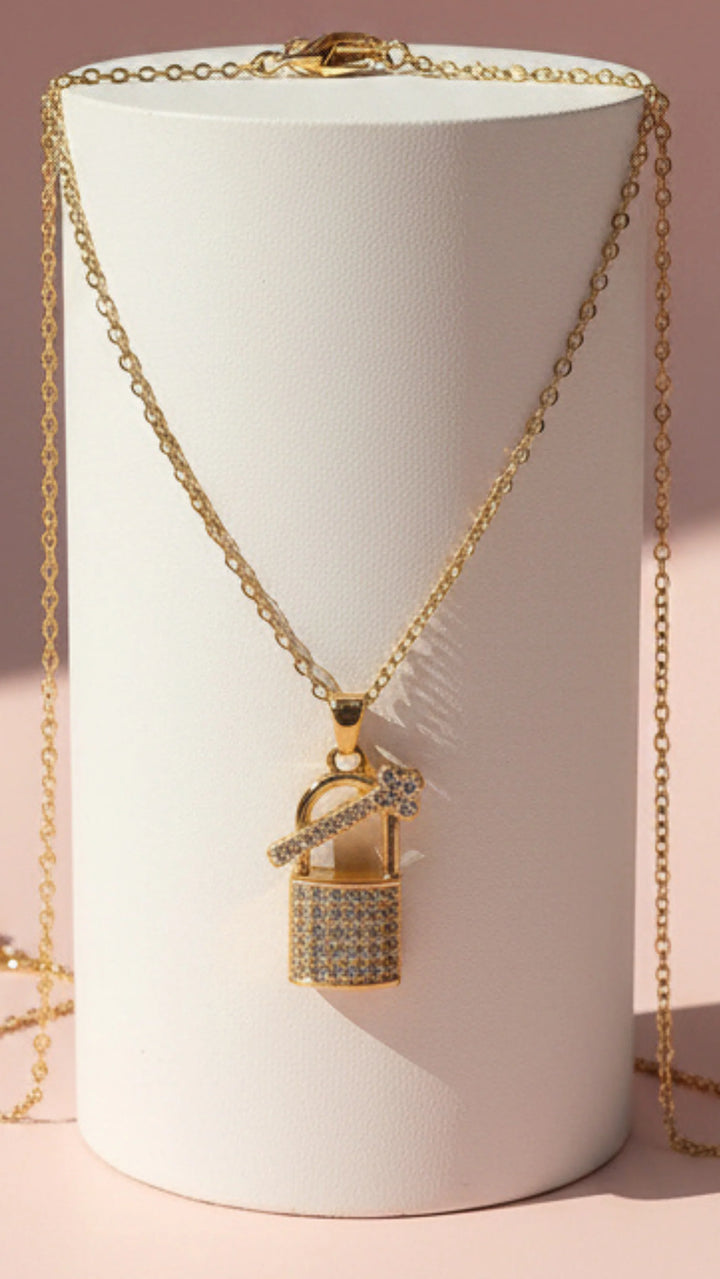 Lock &amp; Key Crystal Stainless Steel Gold Plated Pendant Necklace