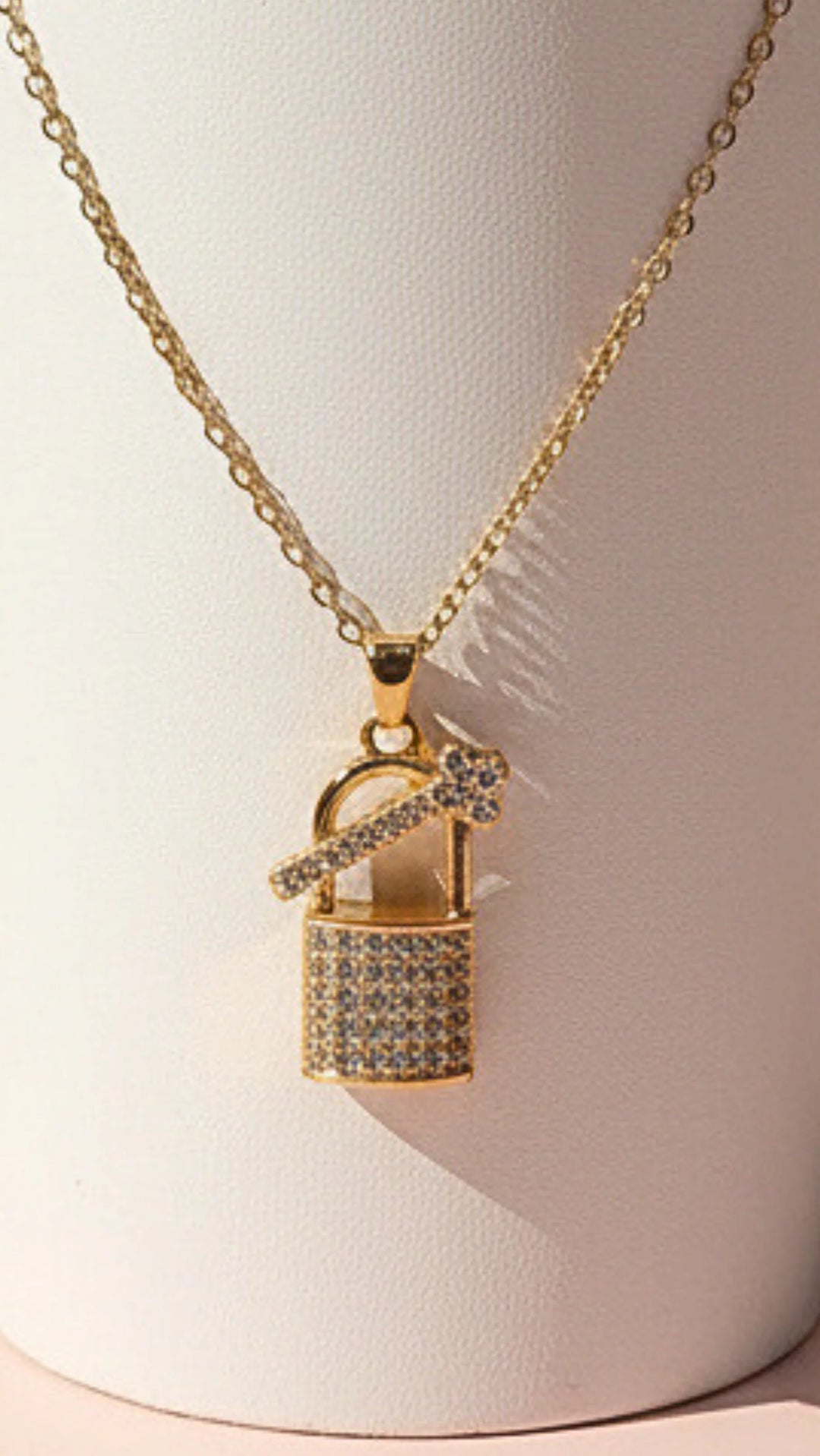 Lock &amp; Key Crystal Stainless Steel Gold Plated Pendant Necklace
