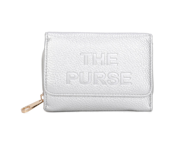 Silver faux leather purse with embossed ‘THE PURSE’ lettering and gold zip detail