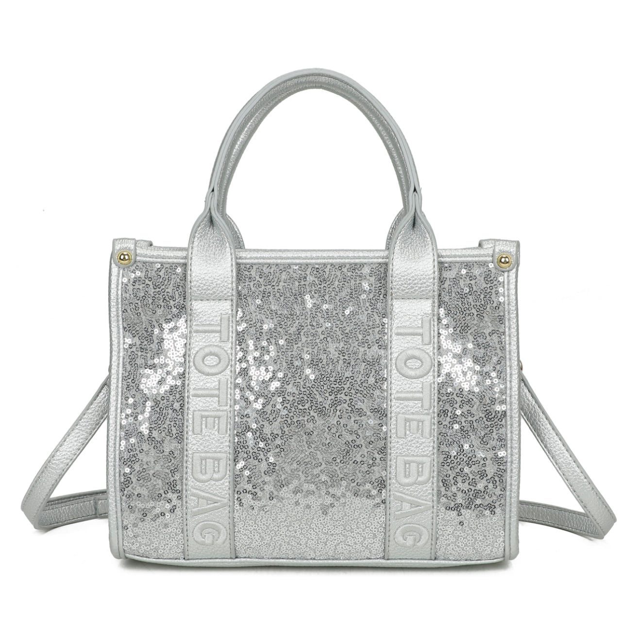 Silver colour “tote bag” with gold detail and silver holographic sequin detail on the front 