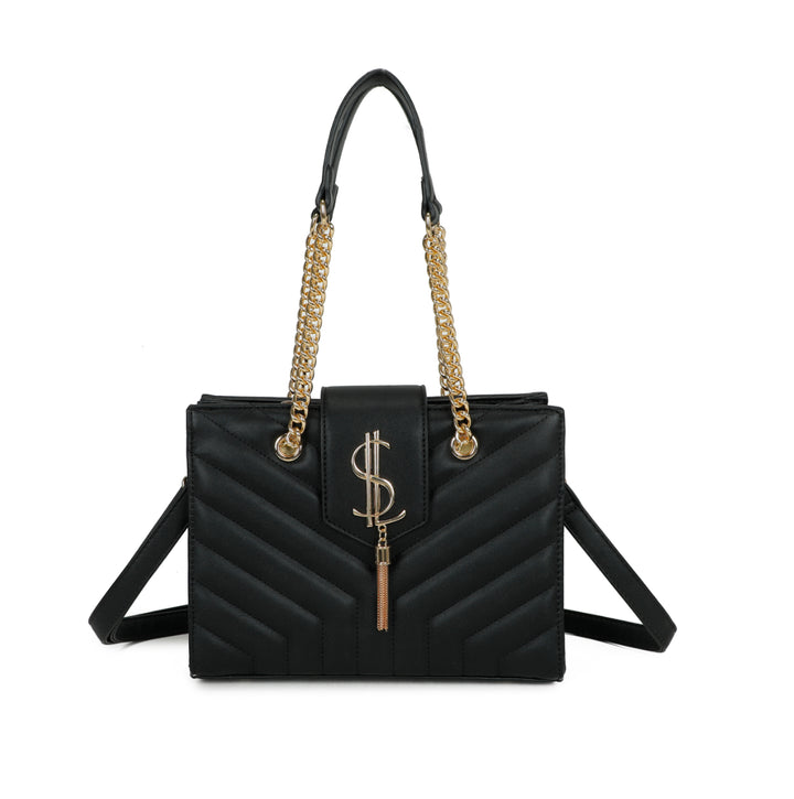 A black quilted shoulder bag with gold chain detail and a long adjustable removable crossbody strap 