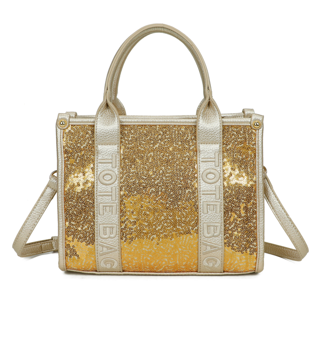 Gold colour “tote bag” with gold detail and gold sequin detail on the front 