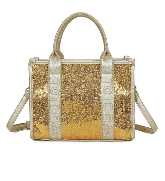 Gold colour “tote bag” with gold detail and gold sequin detail on the front 