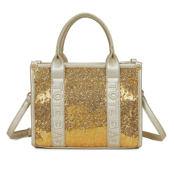 Gold colour “tote bag” with gold detail and gold sequin detail on the front 
