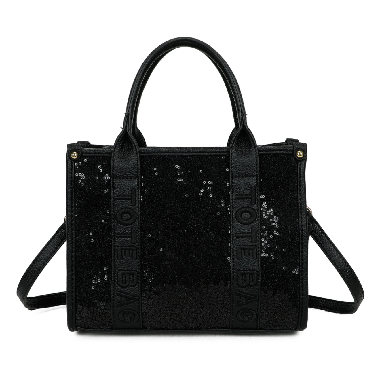 Black colour “tote bag” with gold detail and black sequin detail on the front 