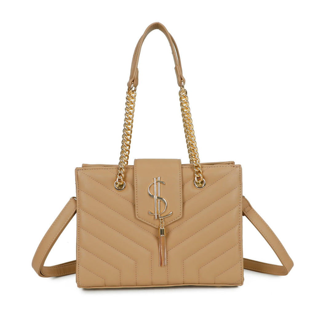 A beige quilted shoulder bag with gold chain detail and a long adjustable removable crossbody strap 