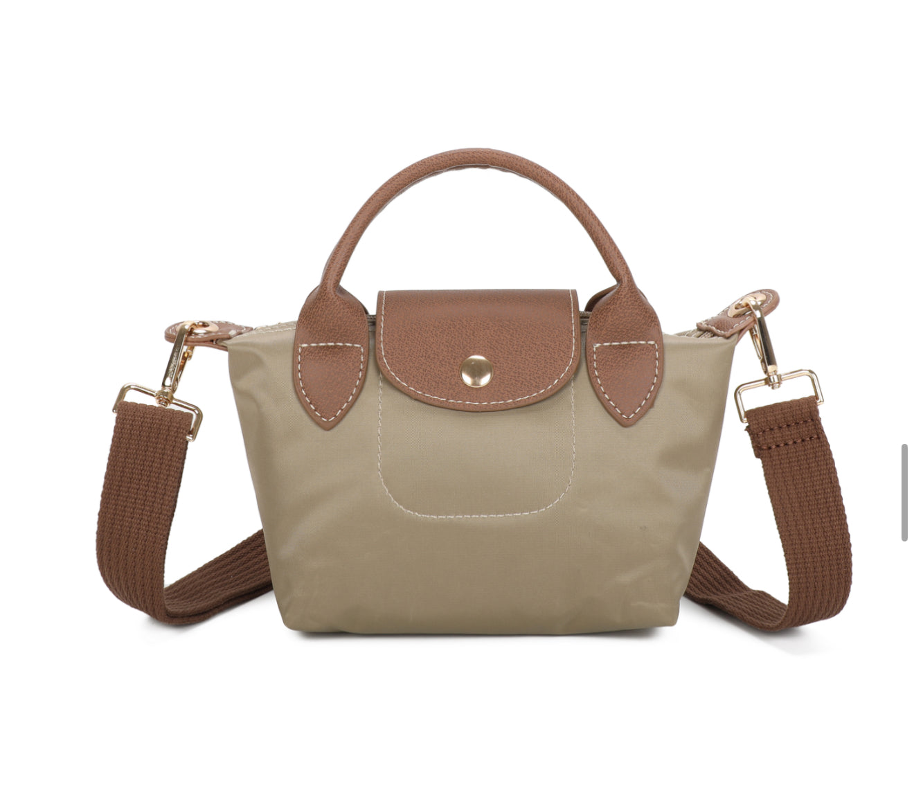 Khaki handbag with brown accents on a white background