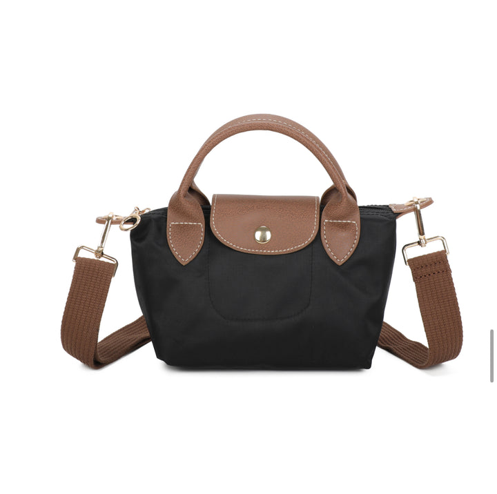 Black handbag with brown accents on a white background