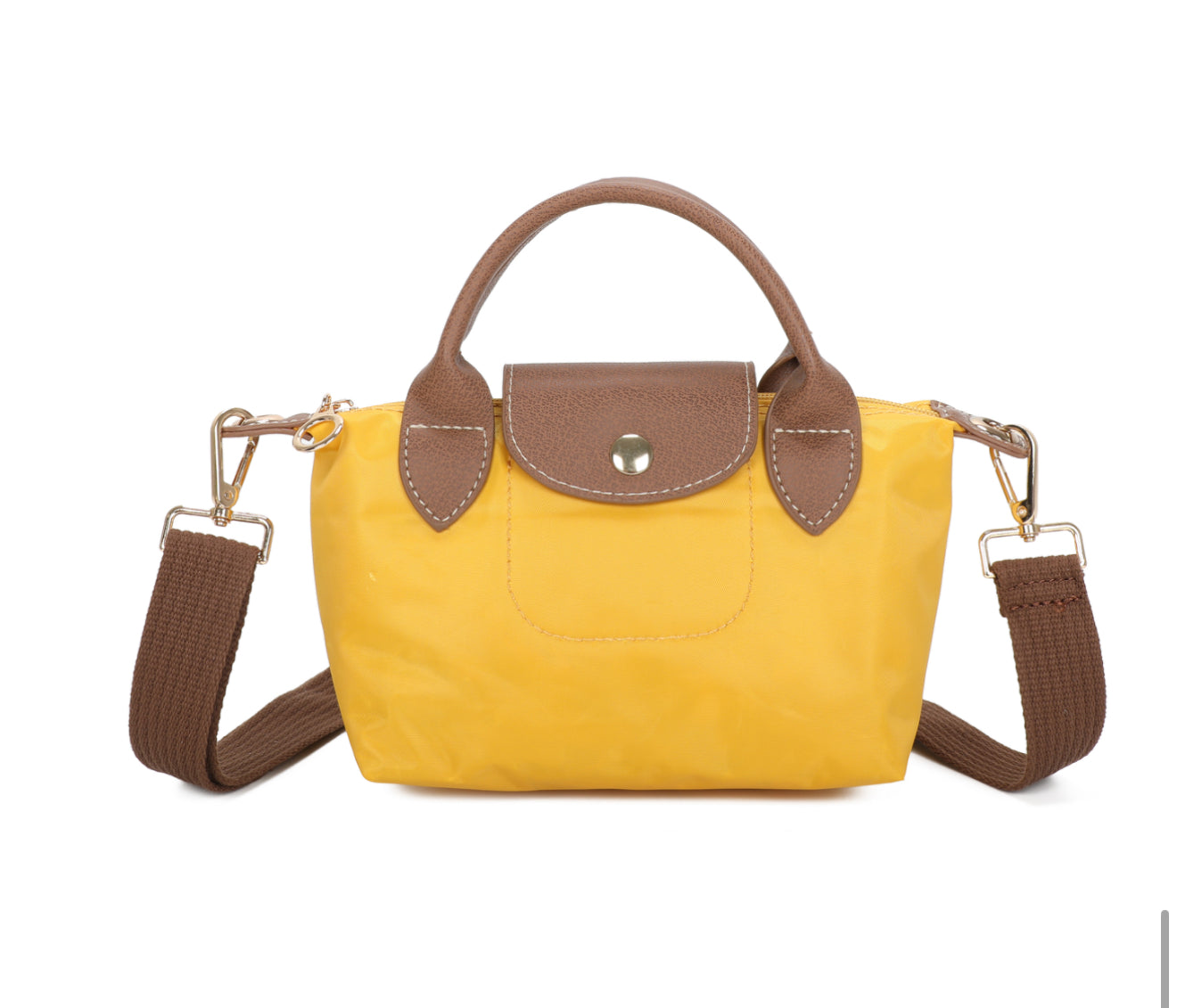 Yellow handbag with brown accents on a white background