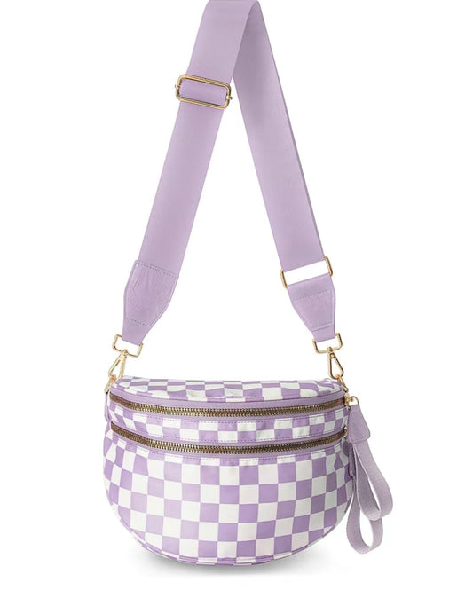 Women’s fashionable checkerboard pattern zipper crossbody bag - lilac