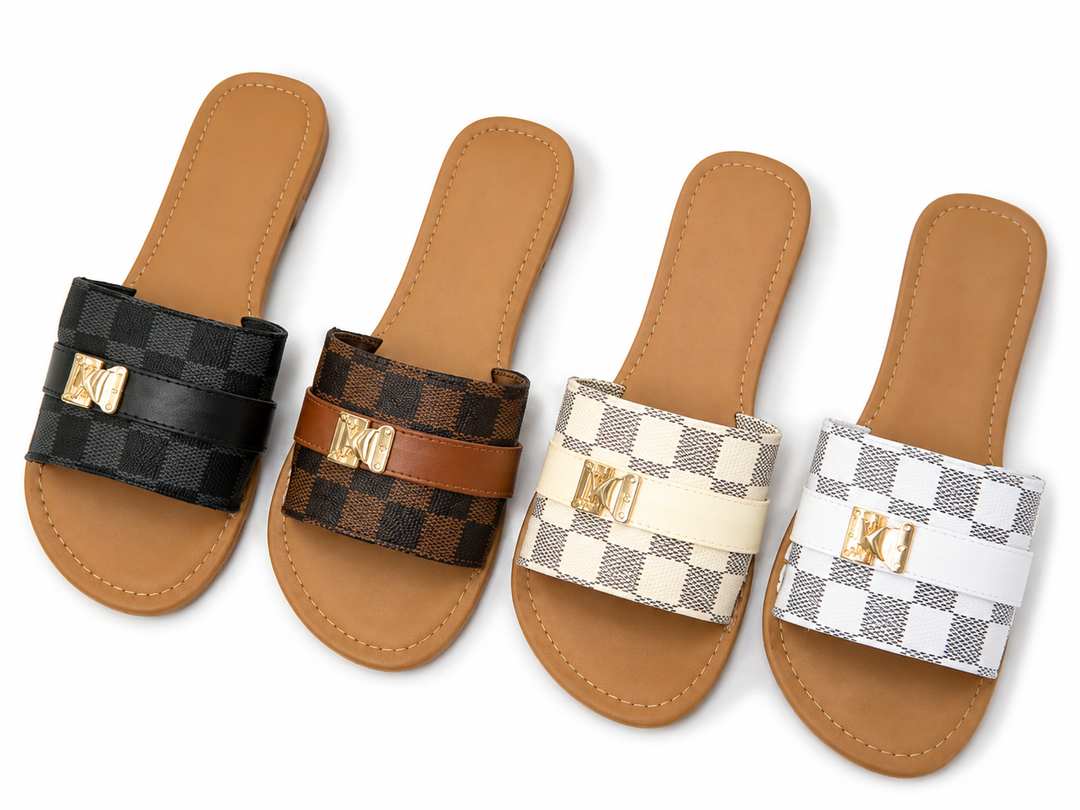 Women’s Checked Flat Slide Sandals with Gold Detail