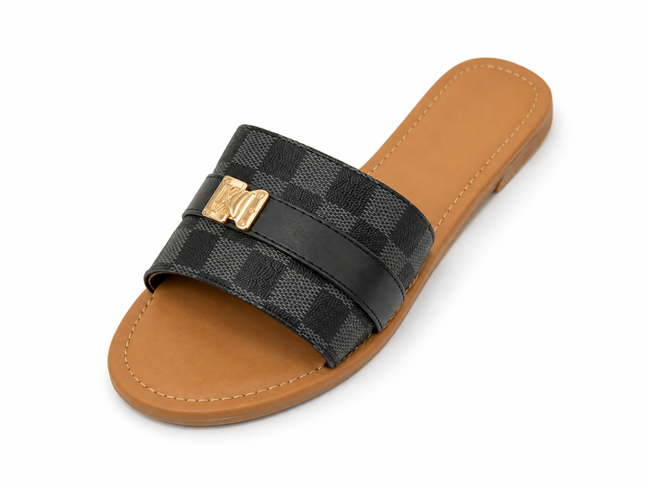 Women’s Checked Flat Slide Sandals with Gold Detail