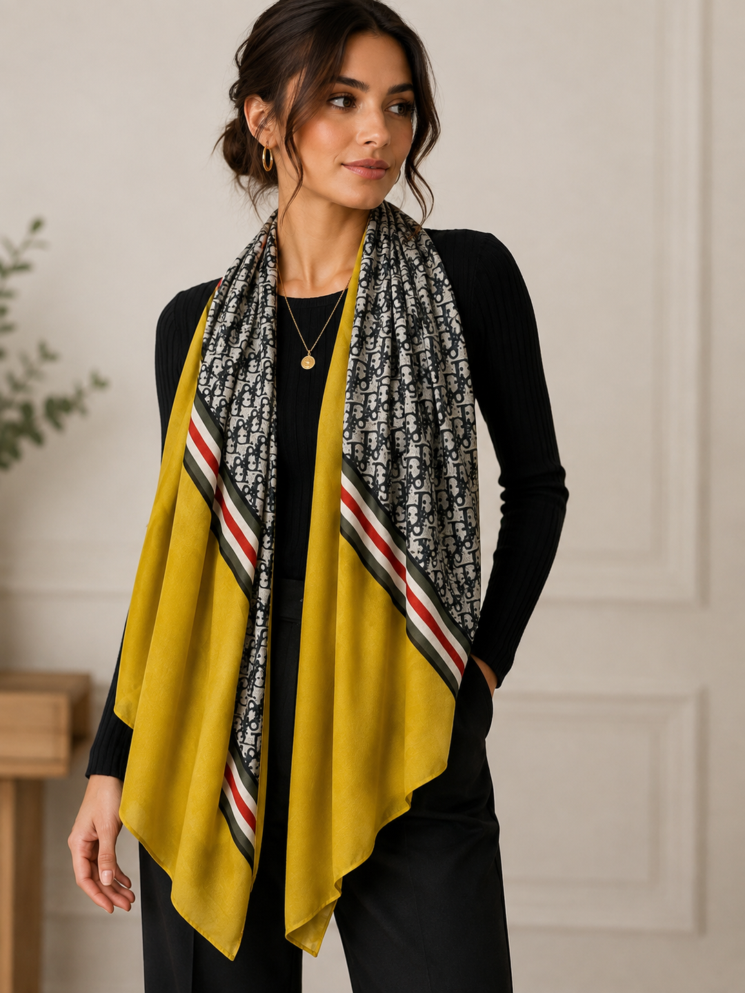 Mustard Monogram Print Scarf