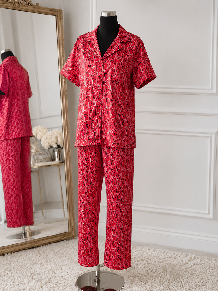 Luxury Red Monogram Satin Style Pyjama Set – Short Sleeve Button-Up &amp; Trousers