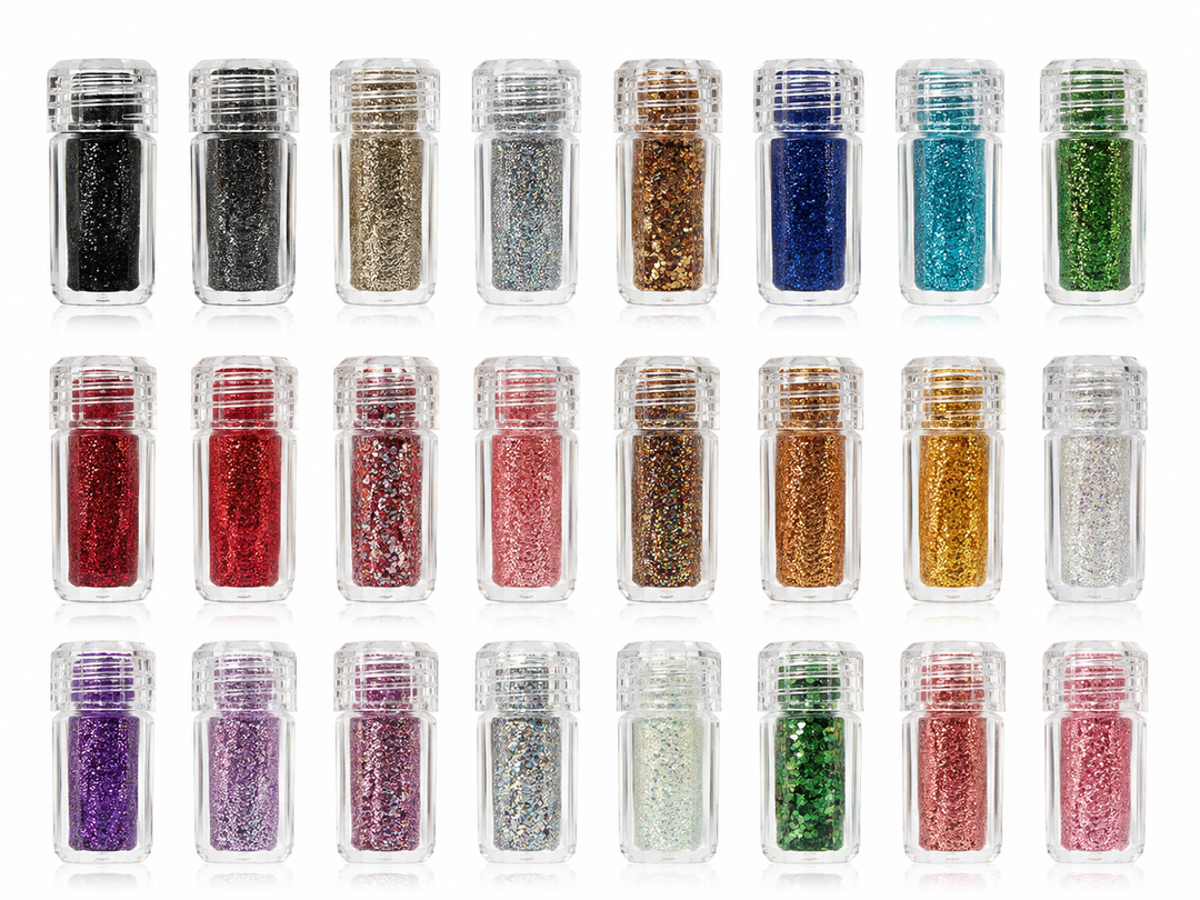 Set of 24 clear pots filled with assorted fine, chunky and holographic glitter in a range of colours for nail art, resin and craft projects.