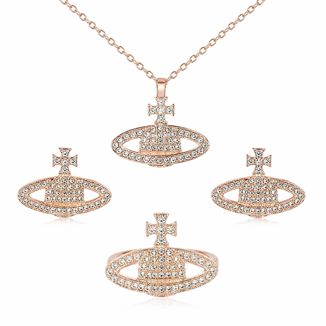 Rose gold crystal orb jewellery set with matching pendant necklace, earrings and ring