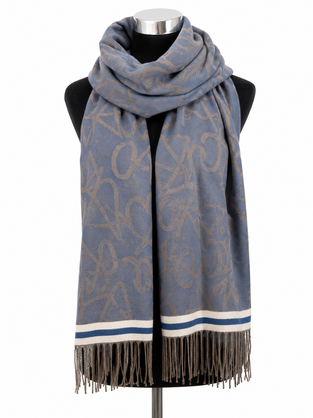 Dusty blue oversized abstract print scarf with striped border and fringed edging