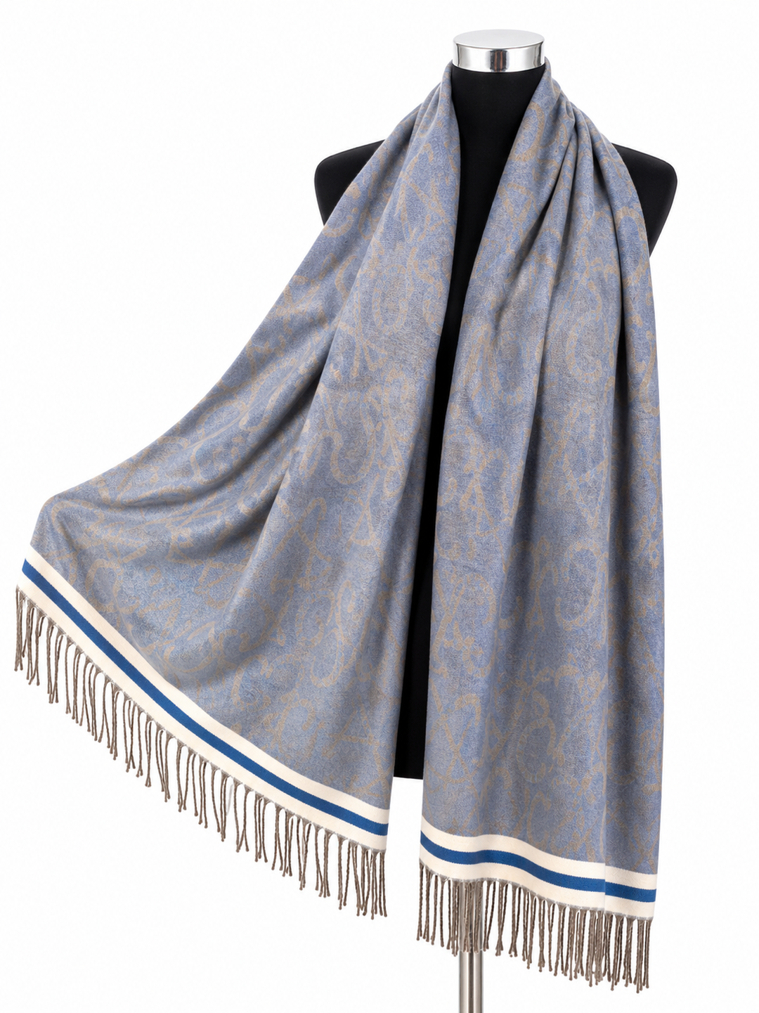 Dusty blue oversized abstract print scarf with striped border and fringed edging