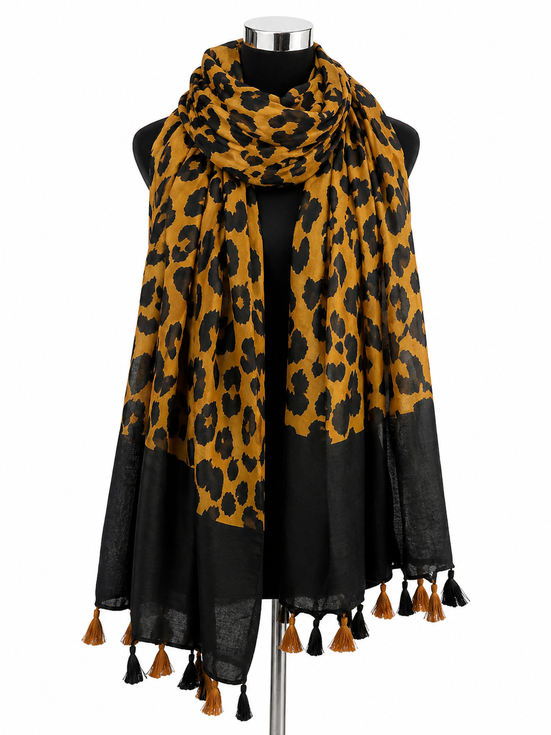 Mustard and black leopard print scarf with black border and tassel edging 