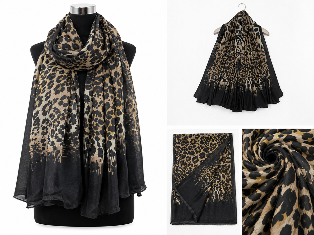 Black, camel and beige leopard print lightweight scarf with contrasting black border.
