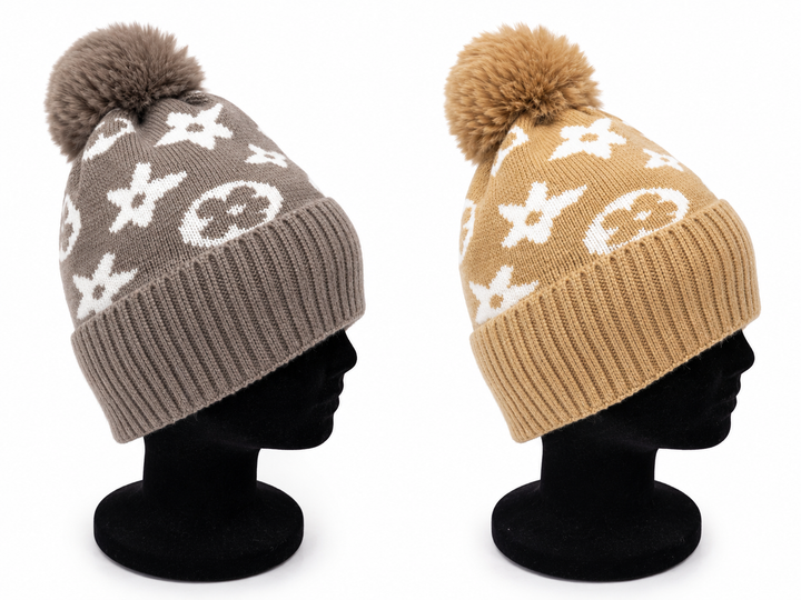 Luxury knitted pom pom winter hat with contrasting monogram-inspired print and ribbed cuff in grey and camel
